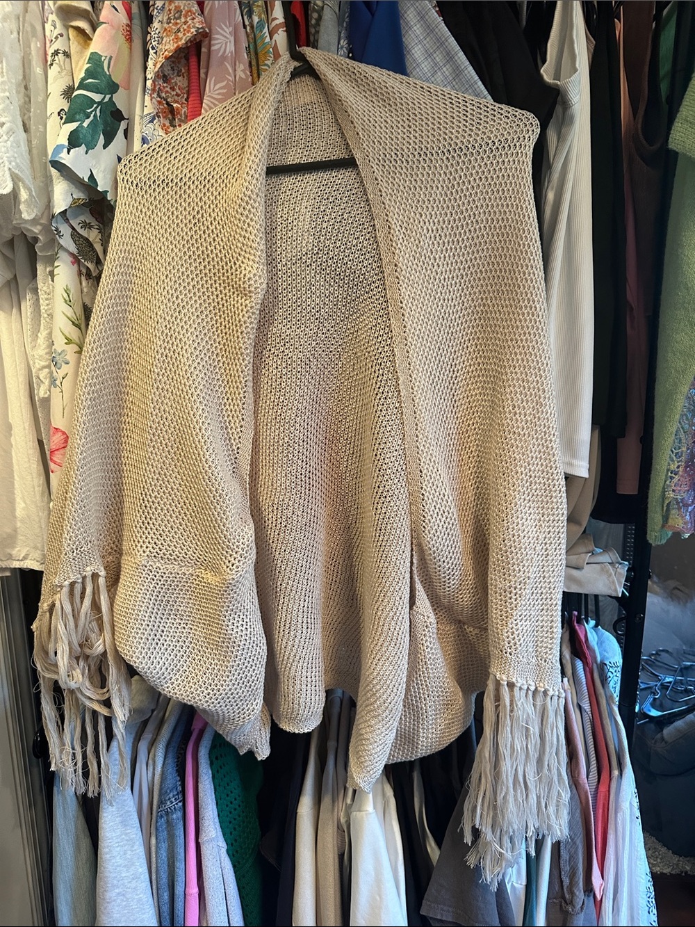 Pebby Forevee Beige Fringe Open Knit Women's Sweater Cardigan NEVER WORN NWT